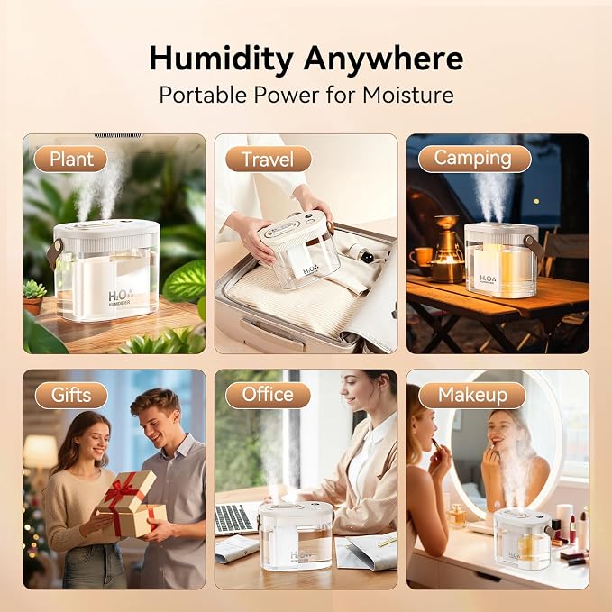 Rechargeable Portable Humidifier-Smart Display,Night Light,Easy Clean,1.4L Small Humidifiers for Bedroom Baby, alternate