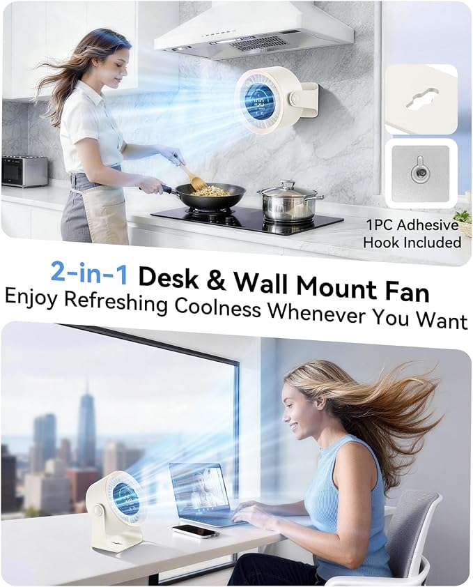 Rechargeable USB Desk Fan for Bedroom, 100 Speeds, 360° Rotation, Wall Mounted Design Small Portable Table Fan with LED