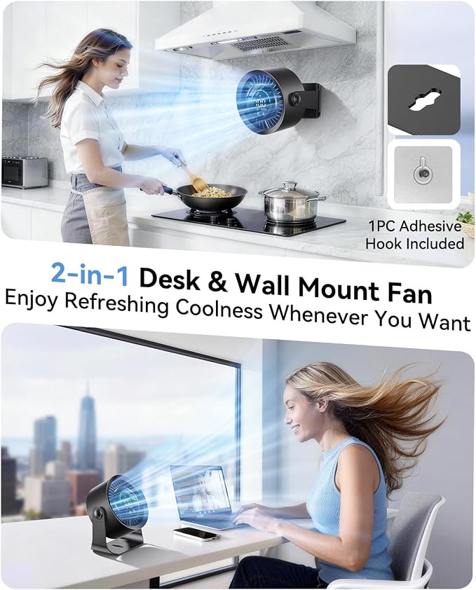 Rechargeable USB Desk Fan for Bedroom, 100 Speeds, 360° Rotation, Wall Mounted Design Small Portable Table Fan with LED