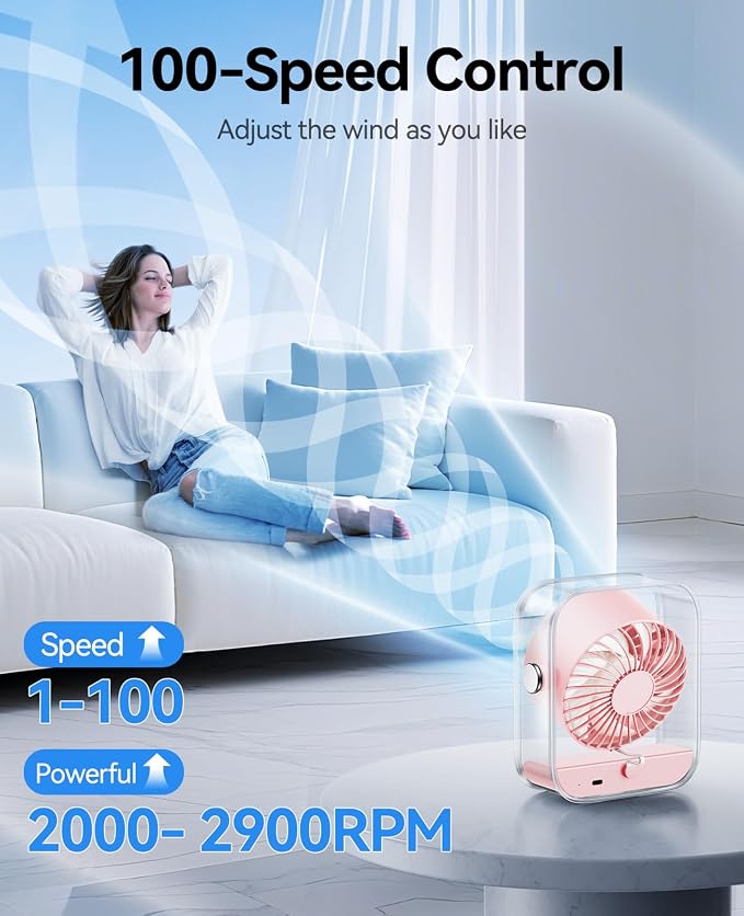 Rechargeable USB Desk Fan, Quiet Table Fan with Turbo Airflow, 100 Speeds, Digital Display, 90° Rotating, Small Battery
