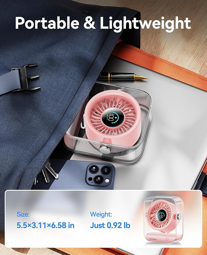 Rechargeable USB Desk Fan, Quiet Table Fan with Turbo Airflow, 100 Speeds, Digital Display, 90° Rotating, Small Battery