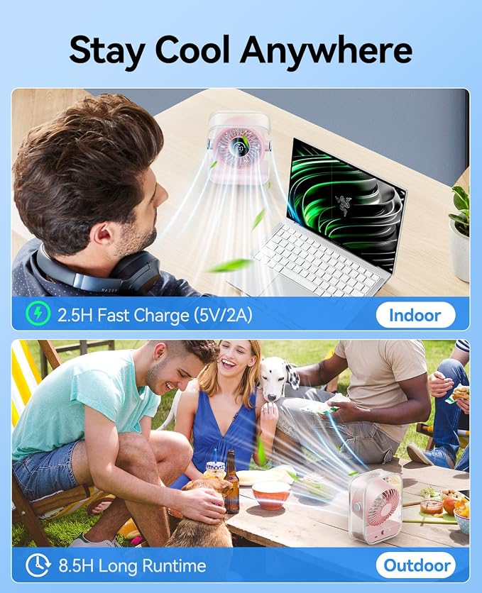 Rechargeable USB Desk Fan, Quiet Table Fan with Turbo Airflow, 100 Speeds, Digital Display, 90° Rotating, Small Battery