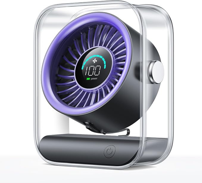 Rechargeable USB Desk Fan, Quiet Table Fan with Turbo Airflow, 100 Speeds, Digital Display, 90° Rotating, Small