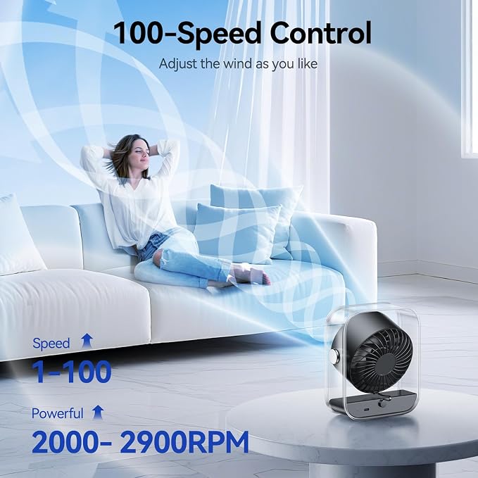Rechargeable USB Desk Fan, Quiet Table Fan with Turbo Airflow, 100 Speeds, Digital Display, 90° Rotating, Small, alternate