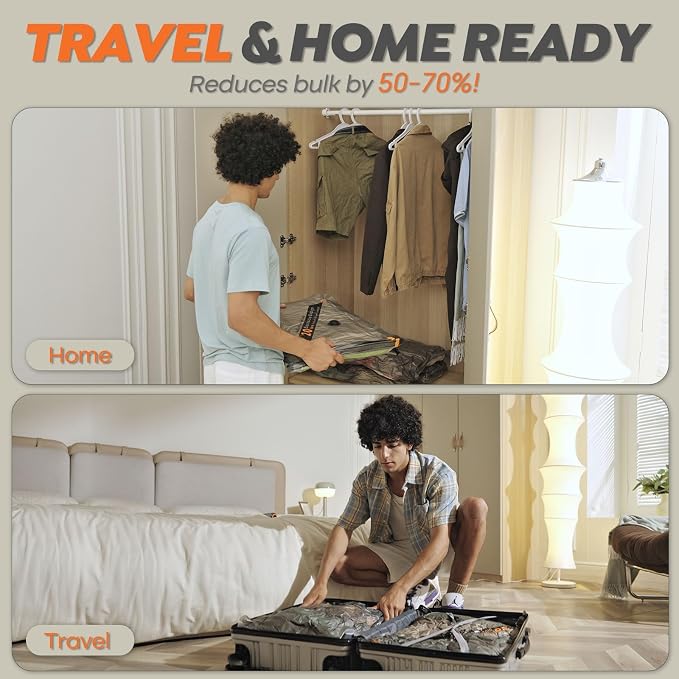Rechargeable Wireless Pump Travel Storage Bags Set - 15 Pack Medium Size Vacuum Bags for Travel & Home, Space-Saving