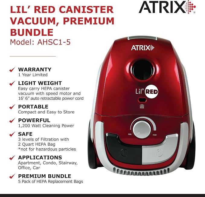Red Lil Portable Canister Vacuum Cleaner – Bundle with Extra Filters, Lightweight, 3-Stage HEPA Filtration, 2-Quart Bag