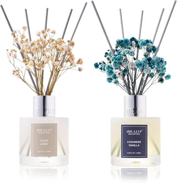 Reed Diffuser 3.38 oz (100ml) 2pk,Clean Linen/Cashmere Vanilla Scented Reed Diffuser Set,Reed Diffuser & Oil Diffuser Sticks