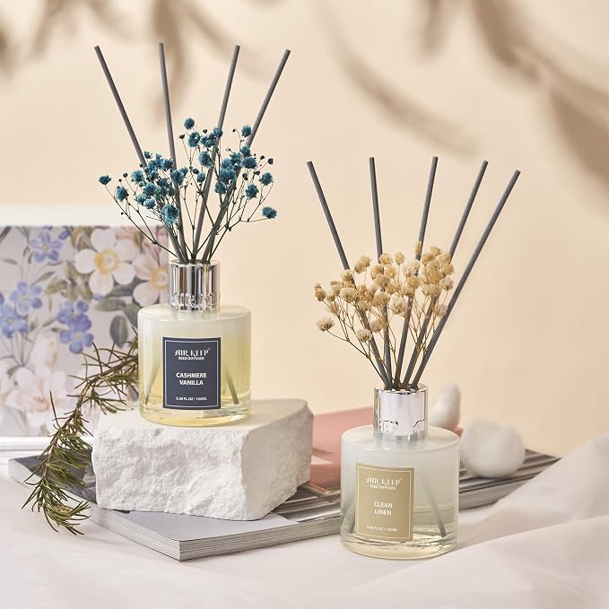 Reed Diffuser 3.38 oz (100ml) 2pk,Clean Linen/Cashmere Vanilla Scented Reed Diffuser Set,Reed Diffuser & Oil Diffuser Sticks