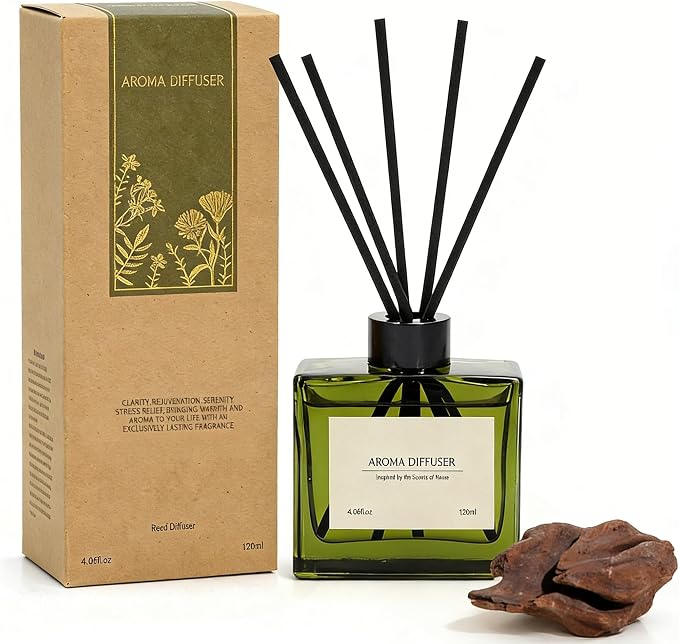 Reed Diffuser, 4 oz Earthy Sandalwood Scent Diffuser with 7 Sticks, Long Lasting Reed diffusers for Home, product image
