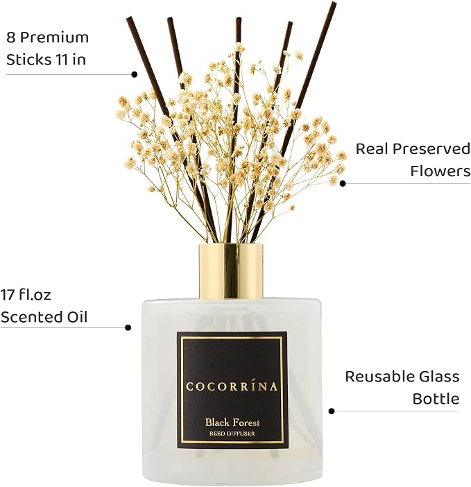 Reed Diffuser - Black Forest 17 Fl.oz Reed Diffuser with 8 Sticks Scented Diffuser with Preserved Flowers for Bathroom Home