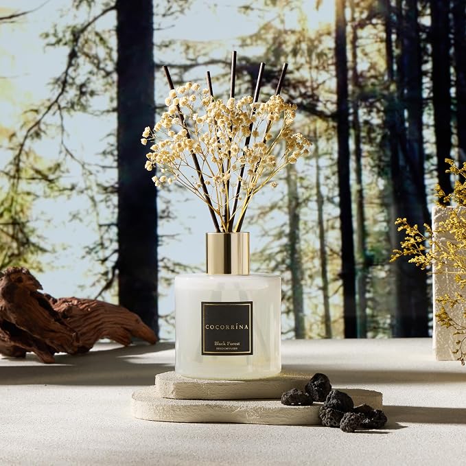 Reed Diffuser - Black Forest 17 Fl.oz Reed Diffuser with 8 Sticks Scented Diffuser with Preserved Flowers for Bathroom Home