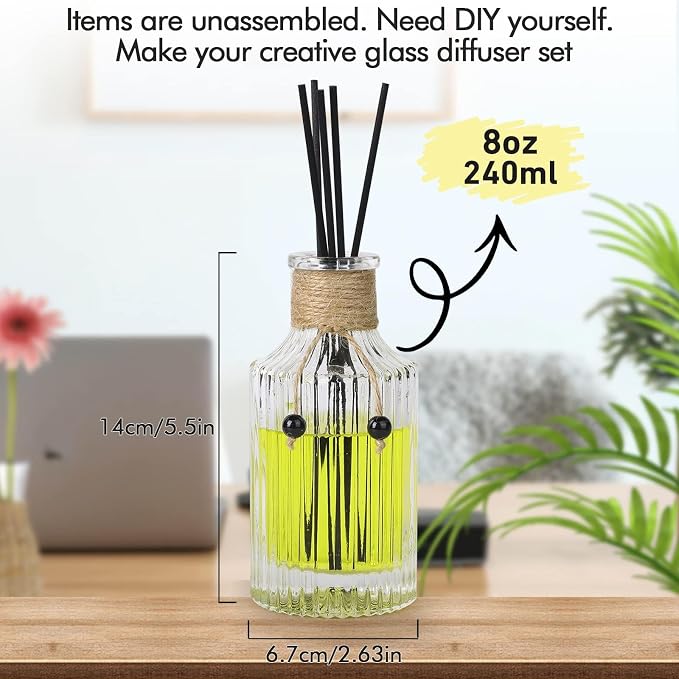 Reed Diffuser Bottle Set of 2 Glass Diffuser Bottles 8oz/250ml Empty Clear Decorative Bottle with Stoppers and Reed Sticks