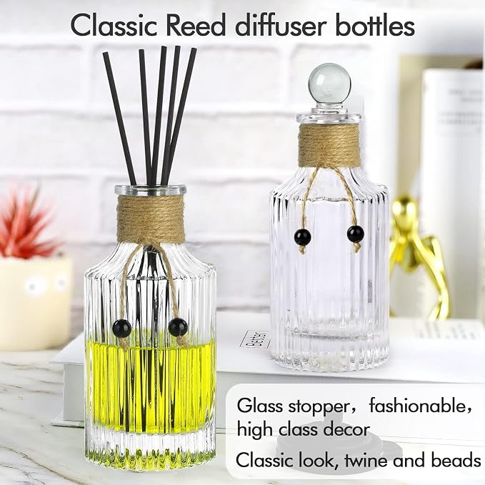 Reed Diffuser Bottle Set of 2 Glass Diffuser Bottles 8oz/250ml Empty Clear Decorative Bottle with Stoppers and Reed Sticks