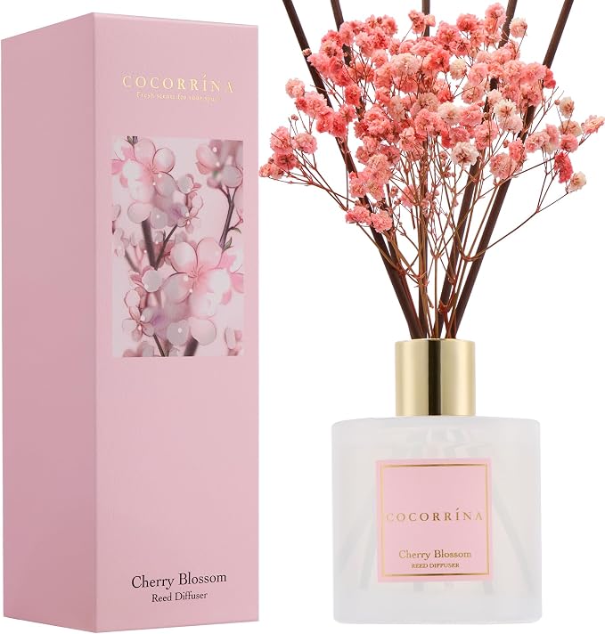 Reed Diffuser - Cherry Blossom 6.7 Fl.oz Reed Diffuser Set with Sticks & Preserved Baby's Breath, product image