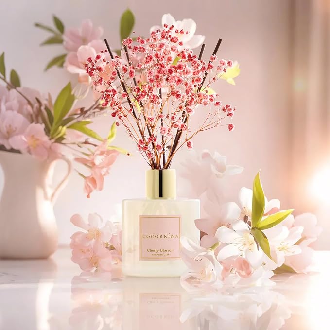 Reed Diffuser - Cherry Blossom 6.7 Fl.oz Reed Diffuser Set with Sticks & Preserved Baby's Breath, alternate product view 2