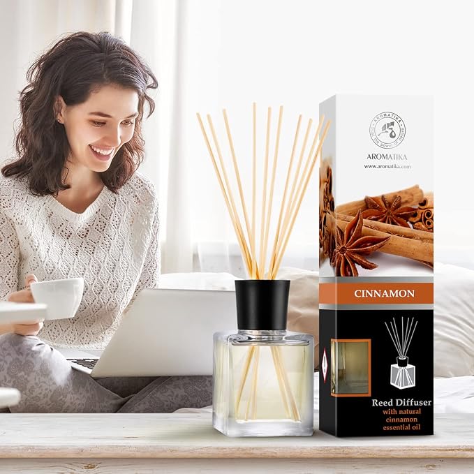 Reed Diffuser Cinnamon 6.8 Fl Oz (200ml) - Room Diffuser with Cinnamon Essential Oil - Scented Diffusers with Sticks - Home