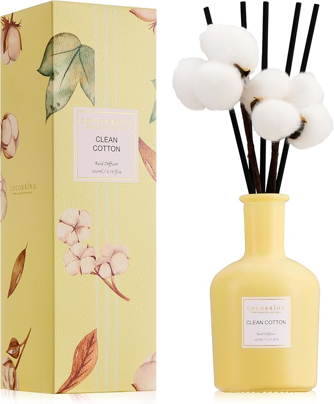 Reed Diffuser – Clean Cotton Scent, 6.76 oz Essential Oil with Sticks & Real Cotton, product image