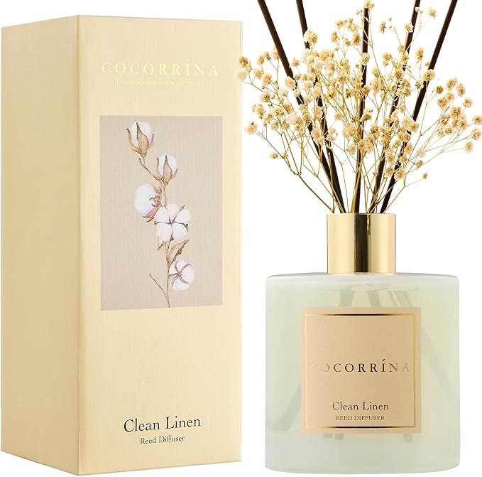 Reed Diffuser - Clean Linen 17 Fl.oz Reed Diffuser with 8 Sticks Scented Diffuser with Preserved Flowers for Bathroom Home