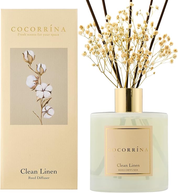 Reed Diffuser - Clean Linen 17 Fl.oz Reed Diffuser with 8 Sticks Scented Diffuser with Preserved Flowers for Bathroom Home