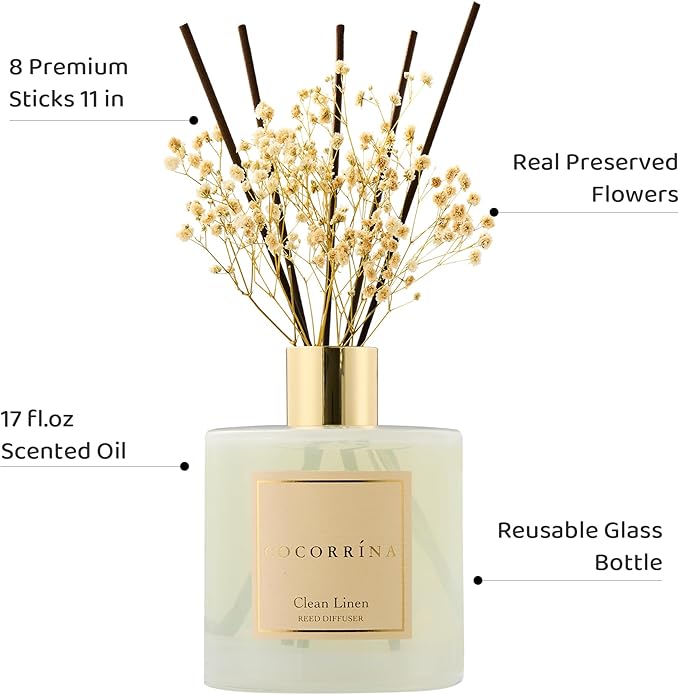 Reed Diffuser - Clean Linen 17 Fl.oz Reed Diffuser with 8 Sticks Scented Diffuser with Preserved Flowers for Bathroom Home