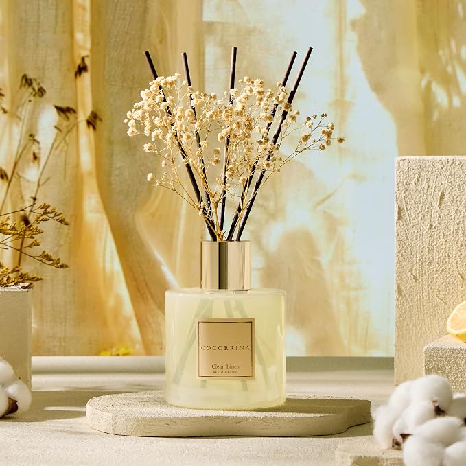 Reed Diffuser - Clean Linen 17 Fl.oz Reed Diffuser with 8 Sticks Scented Diffuser with Preserved Flowers for Bathroom Home