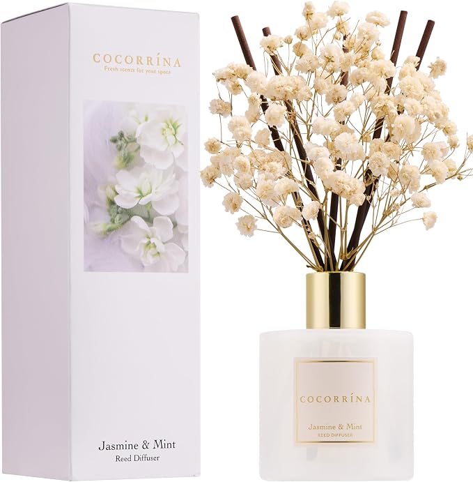Reed Diffuser - Jasmine & Mint 6.7 Fl.oz Reed Diffuser Set with Sticks & Preserved Baby's Breath, product image