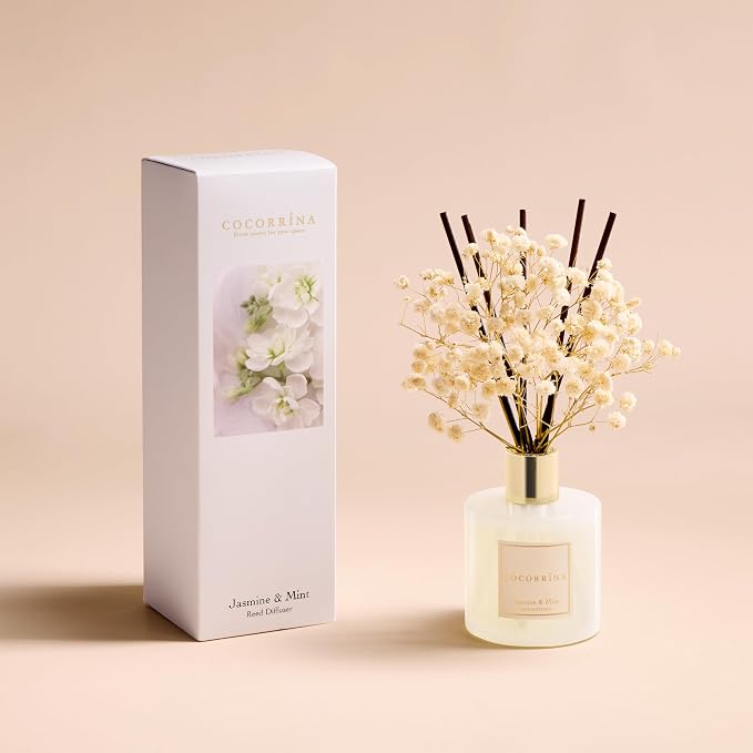 Reed Diffuser - Jasmine & Mint 6.7 Fl.oz Reed Diffuser Set with Sticks & Preserved Baby's Breath, alternate product view 2