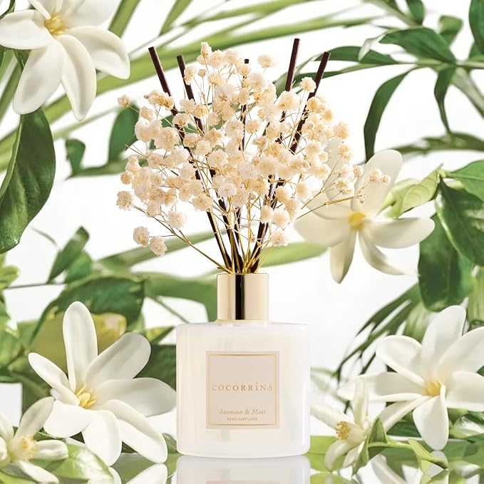 Reed Diffuser - Jasmine & Mint 6.7 Fl.oz Reed Diffuser Set with Sticks & Preserved Baby's Breath, alternate product view 4