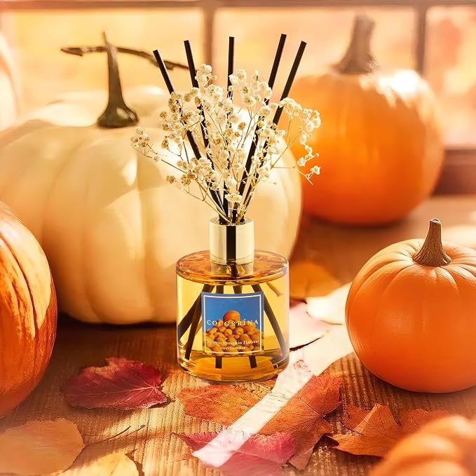 Reed Diffuser - Morton Pumpkin Harvest Reed Diffuser Set with 8 Sticks & Preserved Baby's Breath, alternate product view 4
