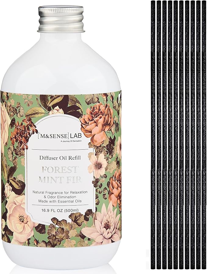 Reed Diffuser Oil Refill, 16.9 Fl Oz with 10 Hollow Reed Sticks, Forest Mint Fir Scent Home Fragrance, Scented Oil Refills