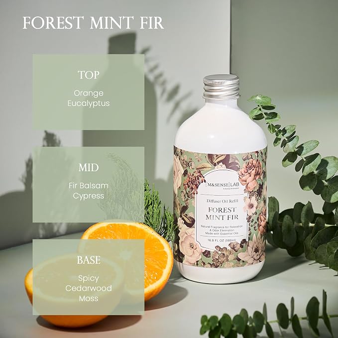 Reed Diffuser Oil Refill, 16.9 Fl Oz with 10 Hollow Reed Sticks, Forest Mint Fir Scent Home Fragrance, Scented Oil Refills