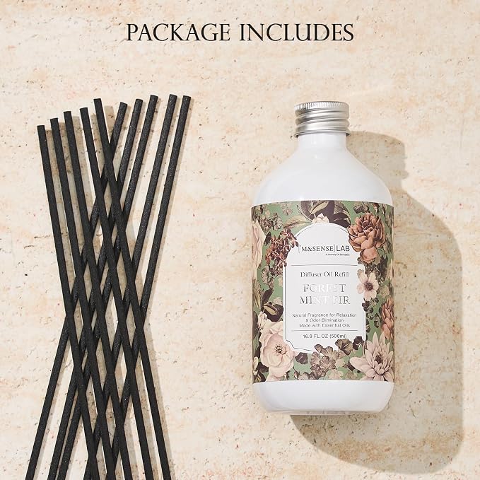 Reed Diffuser Oil Refill, 16.9 Fl Oz with 10 Hollow Reed Sticks, Forest Mint Fir Scent Home Fragrance, Scented Oil Refills