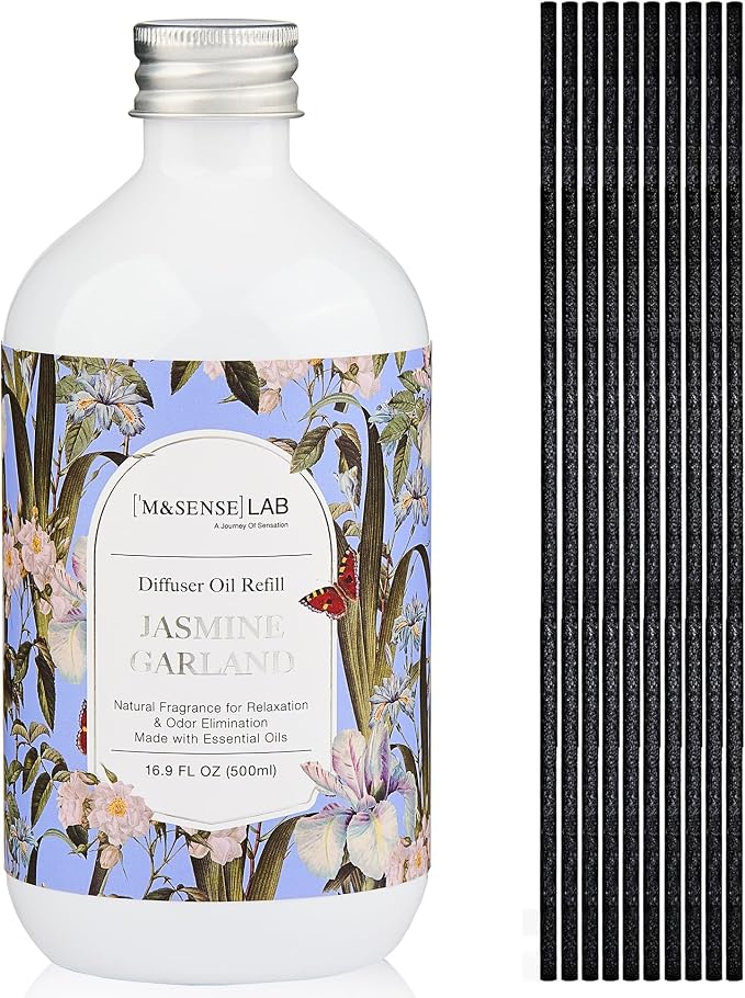 Reed Diffuser Oil Refill, 16.9oz (500ml) with 10 Hollow Reed Sticks, Jasmine Garland Scent Home Fragrance, Scented Oil