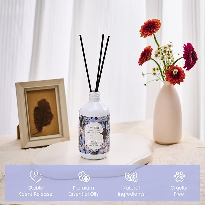 Reed Diffuser Oil Refill, 16.9oz (500ml) with 10 Hollow Reed Sticks, Jasmine Garland Scent Home Fragrance, Scented Oil