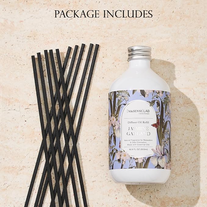 Reed Diffuser Oil Refill, 16.9oz (500ml) with 10 Hollow Reed Sticks, Jasmine Garland Scent Home Fragrance, Scented Oil
