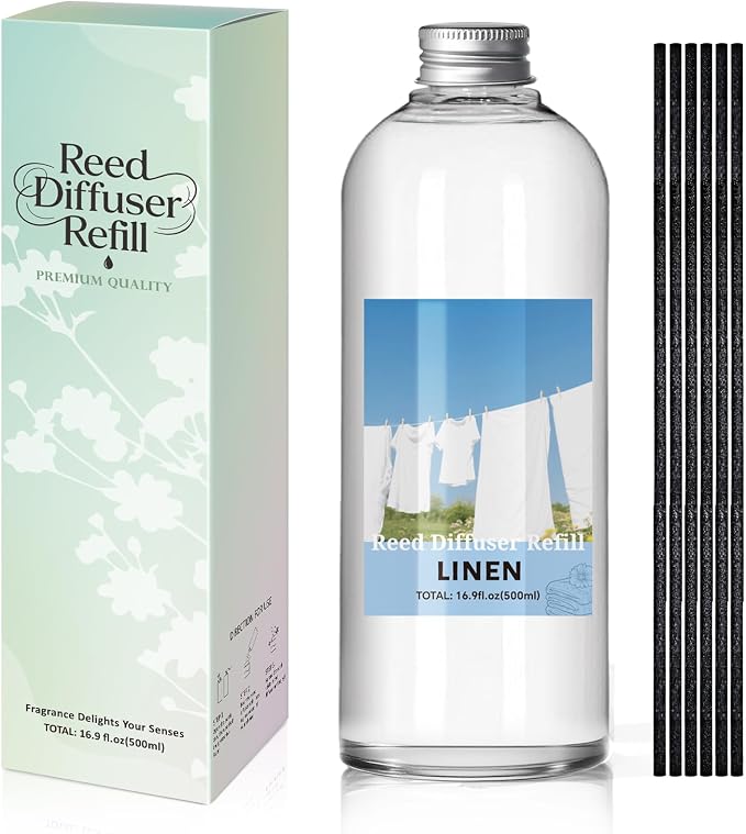 Reed Diffuser Oil Refill, 16.9oz Natural Linen Scented Essential Oil with 6 Sticks, Long Lasting Home Fragrance for Bathroom