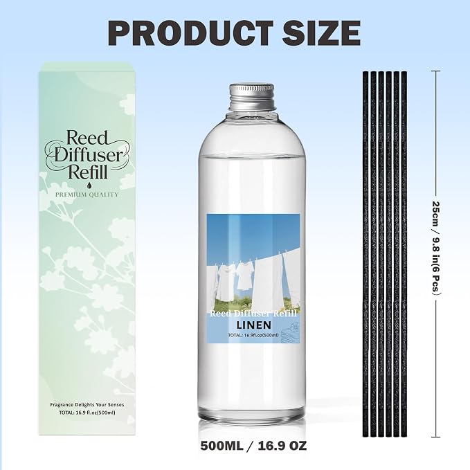 Reed Diffuser Oil Refill, 16.9oz Natural Linen Scented Essential Oil with 6 Sticks, Long Lasting Home Fragrance for Bathroom
