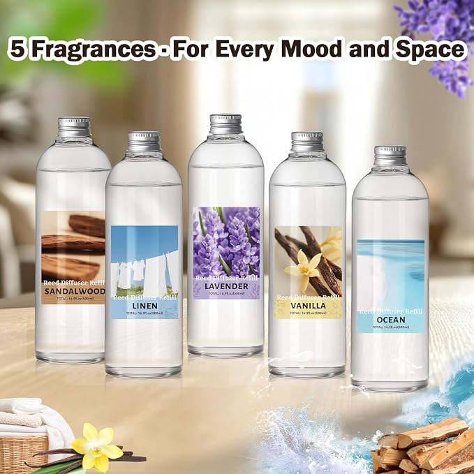 Reed Diffuser Oil Refill, 16.9oz Natural Linen Scented Essential Oil with 6 Sticks, Long Lasting Home Fragrance for Bathroom