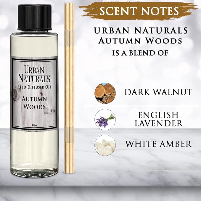 Reed Diffuser Oil Refill Autumn Woods, Fall Leaves, Cedarwood, Apple Bark, 4 oz + Free Reed Sticks, Made in The USA