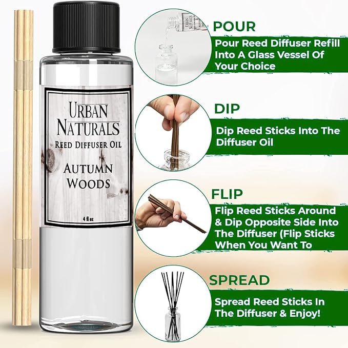 Reed Diffuser Oil Refill Autumn Woods, Fall Leaves, Cedarwood, Apple Bark, 4 oz + Free Reed Sticks, Made in The USA