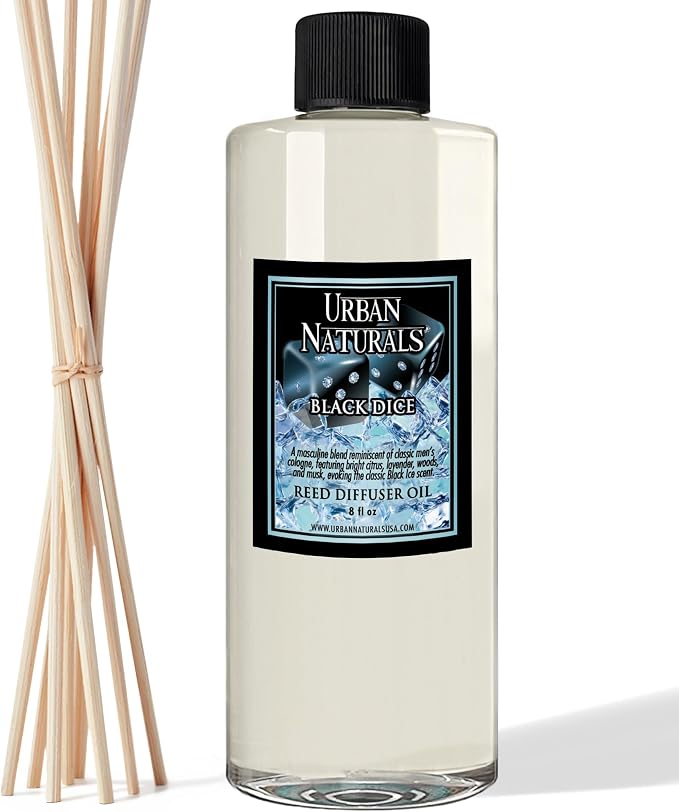 Reed Diffuser Oil Refill Black Dice with Lemon, Lavender, Crisp Woods, Moss 8 oz + Free Reed Sticks, Made in The USA, product