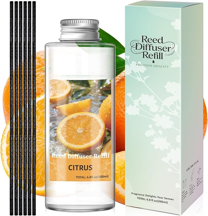 Reed Diffuser Oil Refill, Citrus Scented Diffuser Oil Refills with 6 Reed Sticks 200ML(6.8fl.oz), Room Fresheners for Home