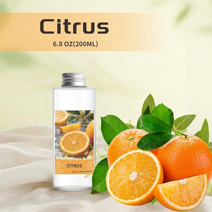 Reed Diffuser Oil Refill, Citrus Scented Diffuser Oil Refills with 6 Reed Sticks 200ML(6.8fl.oz), Room Fresheners for Home