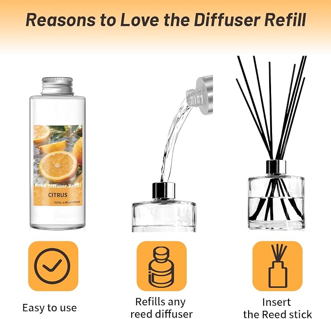 Reed Diffuser Oil Refill, Citrus Scented Diffuser Oil Refills with 6 Reed Sticks 200ML(6.8fl.oz), Room Fresheners for Home