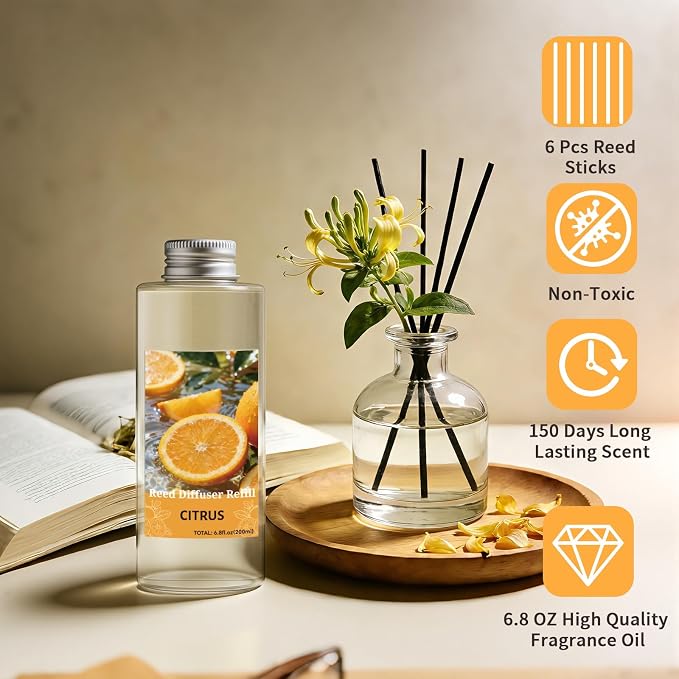 Reed Diffuser Oil Refill, Citrus Scented Diffuser Oil Refills with 6 Reed Sticks 200ML(6.8fl.oz), Room Fresheners for Home