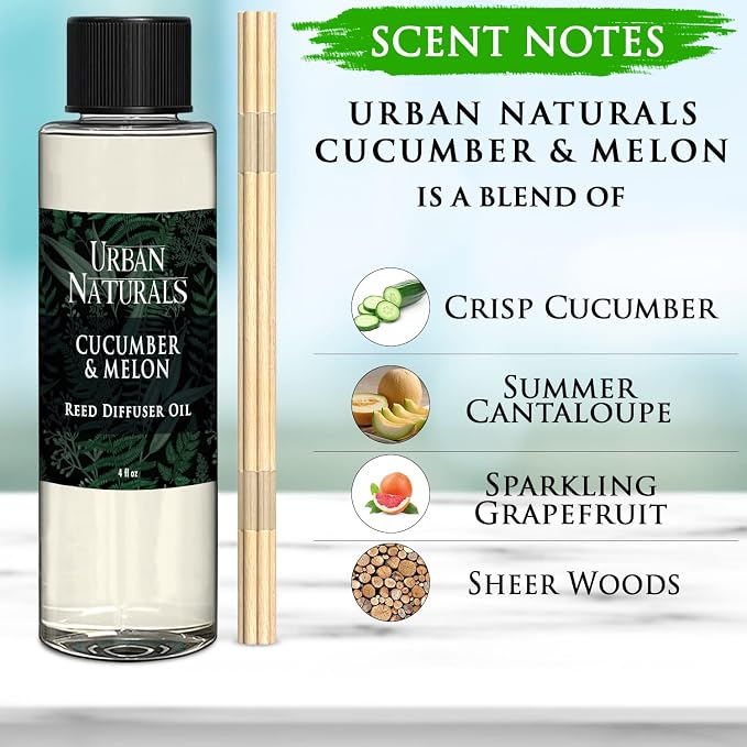 Reed Diffuser Oil Refill Cucumber Melon, Crisp Cucumber, Juicy Melon, Refreshing Summer Scent, 4 oz + Free Reed Sticks
