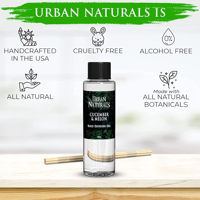 Reed Diffuser Oil Refill Cucumber Melon, Crisp Cucumber, Juicy Melon, Refreshing Summer Scent, 4 oz + Free Reed Sticks