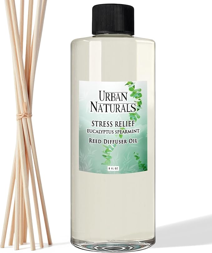 Reed Diffuser Oil Refill Eucalyptus Spearmint with Lemon Peel, Clary Sage 8 oz + Free Reed Sticks, Made in The USA, product