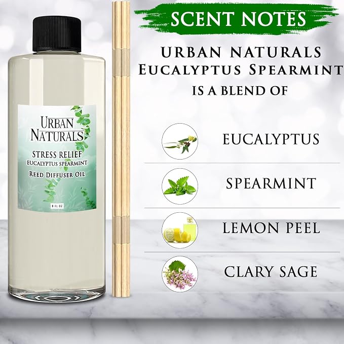 Reed Diffuser Oil Refill Eucalyptus Spearmint with Lemon Peel, Clary Sage 8 oz + Free Reed Sticks, Made in The USA, alternate