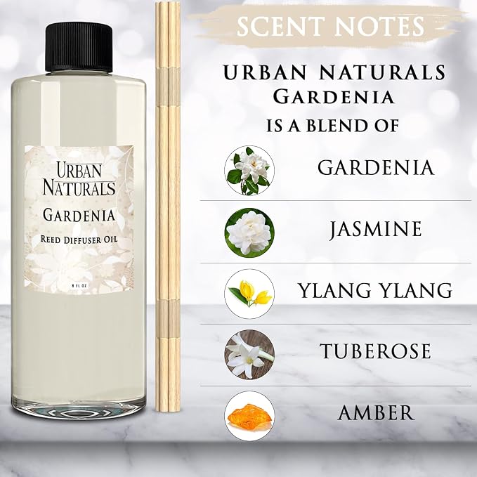 Reed Diffuser Oil Refill Gardenia with Jasmine, Ylang Ylang, Tuberose, Amber 8 oz + Free Reed Sticks, Made in The USA